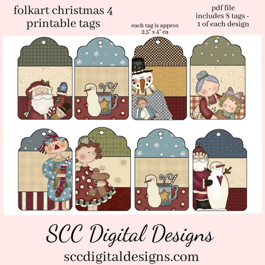 Snowman Printable Gift Tag, Snowmen, Santa, Raggedy Annie, Holiday Art, DIY Gift for Her, Junk Journal Ephemera, Print at Home Tags, Instant Download, Commercial Use Printables, DIY Gift for Her, Digital Ephemera, Collage Sheet, Xmas Gifts, Each Tag is approximately 4" x 2 1/2" each