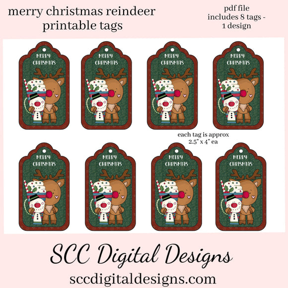 Reindeer Gift Tags, Snowman Soup, Snowmen, Hot Cocoa Mug, Print at Home Tags, Instant Download, Commercial Use Printables, DIY Gift for Her, Digital Ephemera, Collage Sheet, Xmas Gifts, Holiday Ephemera, Each Tag is approximately 4