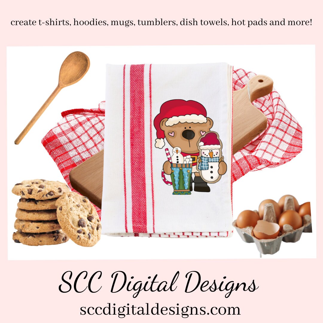 Santa Bear PNG, Snowman Soup, Cocoa Mugs, Snowmen, Santa Hat, DIY Gift for Her, DIY Printables, Exclusive Clipart Set, Instant Download, Commercial Use Clip Art, Scrapbook Elements, Craft Supplies, Personal Use, Christmas Clipart