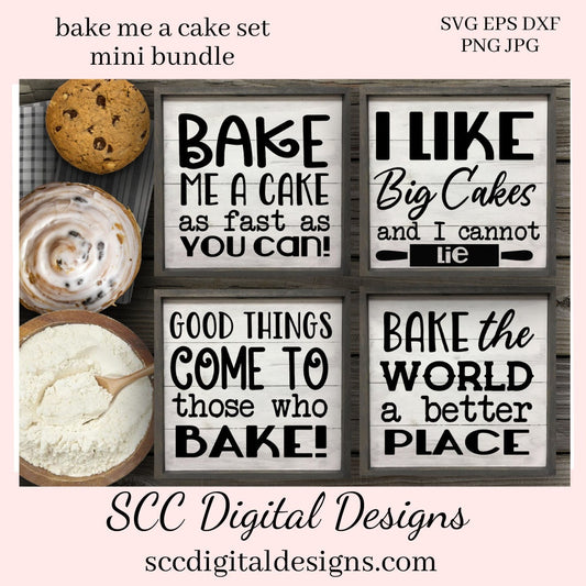 Our SVGs are great to create home decor, coffee mugs, tumblers, t-shirts, hoodies, kitchen towels, hot pads, and so much more!  Bake Me a Cake as Fast You Can SVG Mini Bundle, Bake the World a Better Place, Good Things Come Those Who Bake, I Like Big Cakes and I Cannot Lie, DIY Gift for Her, 4 Designs, Cricut Designs, Commercial Use, Instant Download, Sign Template