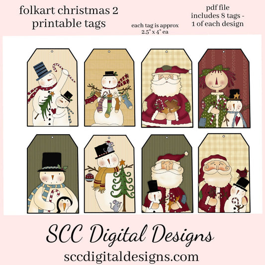 Snowman Printable Gift Tag, Snowmen, Santa, Raggedy Annie, Holiday Art, DIY Gift for Her, Junk Journal Ephemera, Print at Home Tags, Instant Download, Commercial Use Printables, DIY Gift for Her, Digital Ephemera, Collage Sheet, Xmas Gifts, Each Tag is approximately 4" x 2 1/2" each