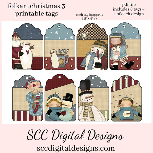 Snowman Printable Gift Tag, Snowmen, Santa, Raggedy Annie, Holiday Art, DIY Gift for Her, Junk Journal Ephemera, Print at Home Tags, Instant Download, Commercial Use Printables, DIY Gift for Her, Digital Ephemera, Collage Sheet, Xmas Gifts, Each Tag is approximately 4" x 2 1/2" each