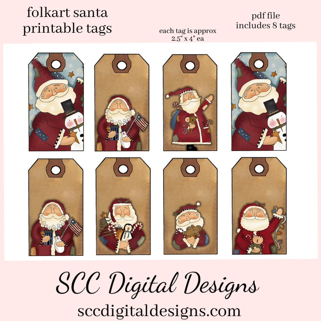 Printable Gift Tags, Kraft Tags, Folkart Santa, Snowmen, Holiday Art, DIY Gift for Her, Junk Journal Ephemera, Print at Home Tags, Instant Download, Commercial Use Printables, DIY Gift for Her, Digital Ephemera, Collage Sheet, Xmas Gifts, Holiday Ephemera, Each Tag is approximately 4" x 2 1/2" each