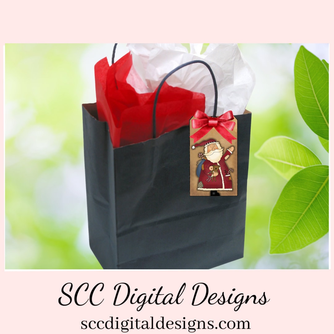 Printable Gift Tags, Kraft Tags, Folkart Santa, Snowmen, Holiday Art, DIY Gift for Her, Junk Journal Ephemera, Print at Home Tags, Instant Download, Commercial Use Printables, DIY Gift for Her, Digital Ephemera, Collage Sheet, Xmas Gifts, Holiday Ephemera, Each Tag is approximately 4" x 2 1/2" each