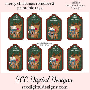 Reindeer Gift Tags, Snowman Soup, Hot Cocoa Mug, Print at Home Tags, Instant Download, Commercial Use Printables, DIY Gift for Her, Digital Ephemera, Collage Sheet, Xmas Gifts, Holiday Ephemera, Each Tag is approximately 4" x 2 1/2" each