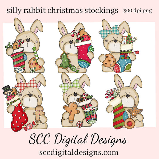 Rabbit PNG, Christmas Stockings, Xmas Cookies, Holiday Candy, DIY Gift for Her, DIY Printables, Exclusive Clipart Set, Instant Download, Commercial Use Clip Art, Scrapbook Elements, Craft Supplies, Personal Use, Christmas Clipart