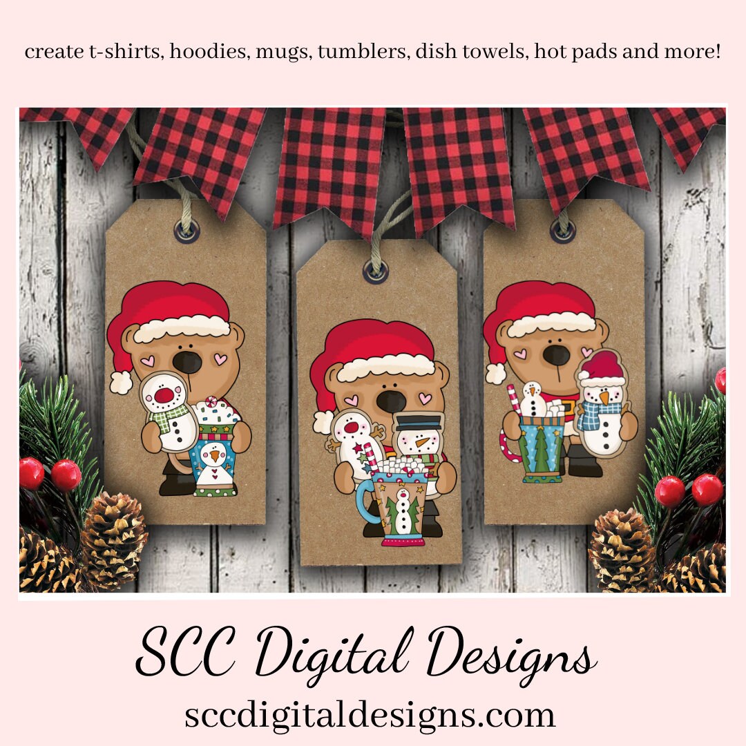 Santa Bear PNG, Snowman Soup, Cocoa Mugs, Snowmen, Santa Hat, DIY Gift for Her, DIY Printables, Exclusive Clipart Set, Instant Download, Commercial Use Clip Art, Scrapbook Elements, Craft Supplies, Personal Use, Christmas Clipart