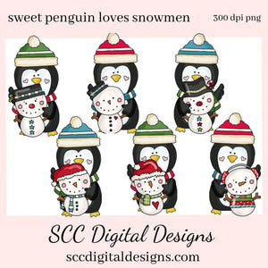 Penguin PNG, Snowman, Snowmen, Santa Hat, DIY Gift for Her, DIY Printables, Exclusive Clipart Set, Instant Download, Commercial Use Clip Art, Scrapbook Elements, Craft Supplies, Personal Use, Christmas Clipart