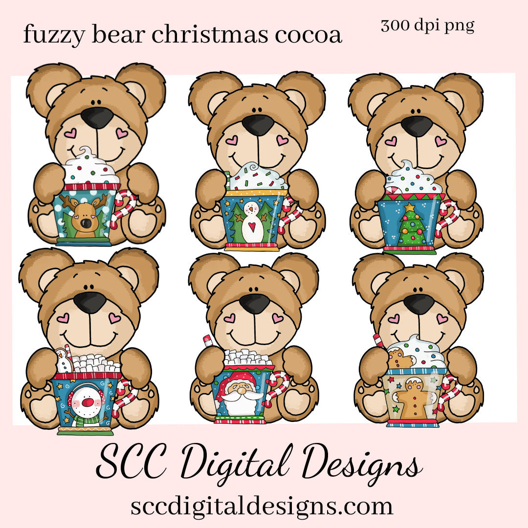 Christmas Bear PNG, Cocoa Mugs, Reindeer, Snowman, Snowmen, Santa, DIY Gift for Her, DIY Printables, Exclusive Clipart Set, Instant Download, Commercial Use Clip Art, Scrapbook Elements, Craft Supplies, Personal Use, Christmas Clipart
