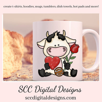 Valentine Cow PNG, Black White Cow, Valentine Clipart, Red Roses, Red Hearts, DIY Gift for Her, Instant Download, Commercial Use Clip Art, Scrapbook Elements, Craft Supplies, Personal Use, Exclusive Clipart Sets