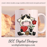 Valentine Cow PNG, Black White Cow, Valentine Clipart, Red Roses, Red Hearts, DIY Gift for Her, Instant Download, Commercial Use Clip Art, Scrapbook Elements, Craft Supplies, Personal Use, Exclusive Clipart Sets