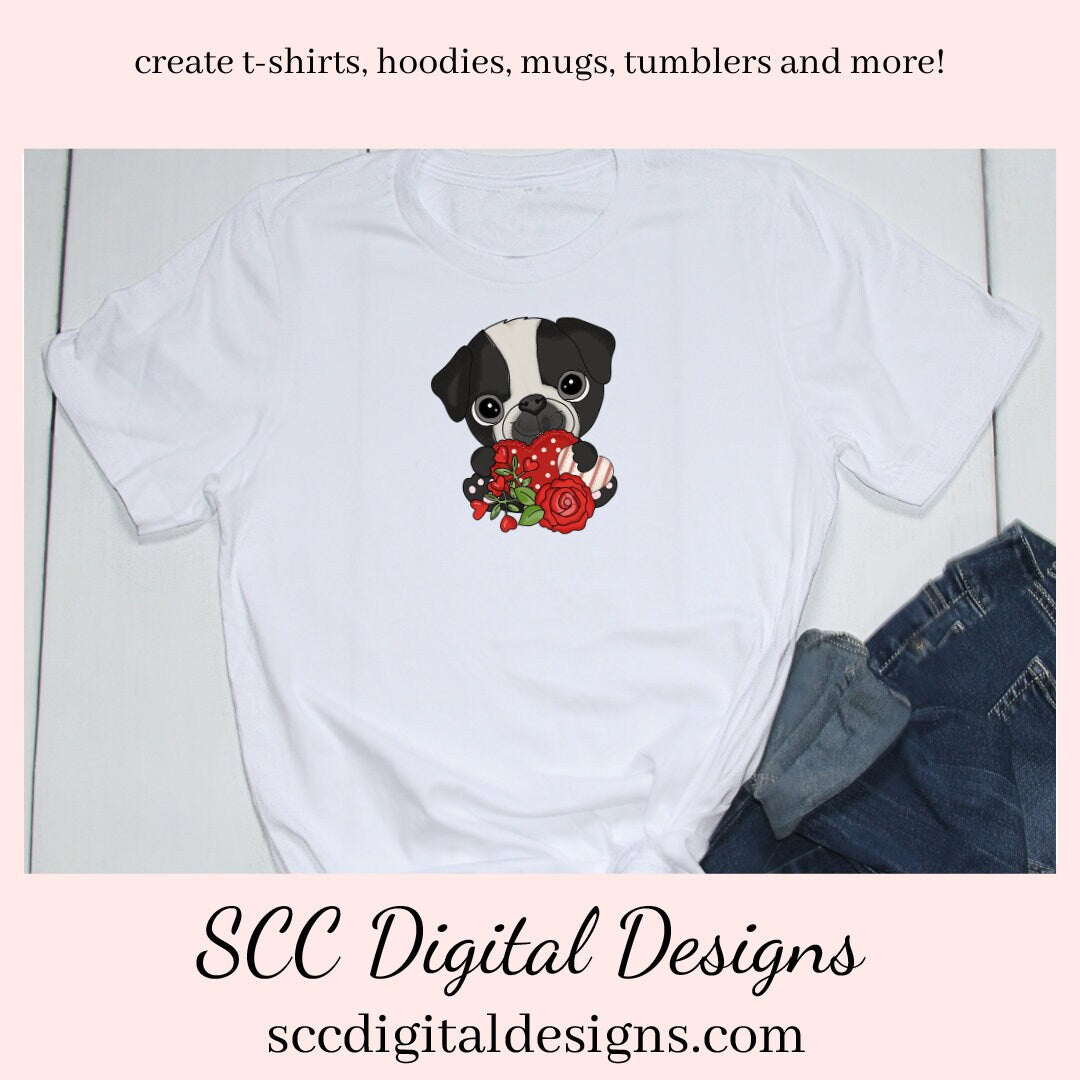 Pug PNG, Dog Valentine's Clipart, DIY Gift for Her, Dog PNG for Sublimation, Valentine's Clipart for Cards, Puppy Love Clip Art, Pug Mom, DIY Valentines Projects, Instant Download, Commercial Use Clip Art, Scrapbook Elements, Craft Supplies, Personal Use, Exclusive Clipart Sets