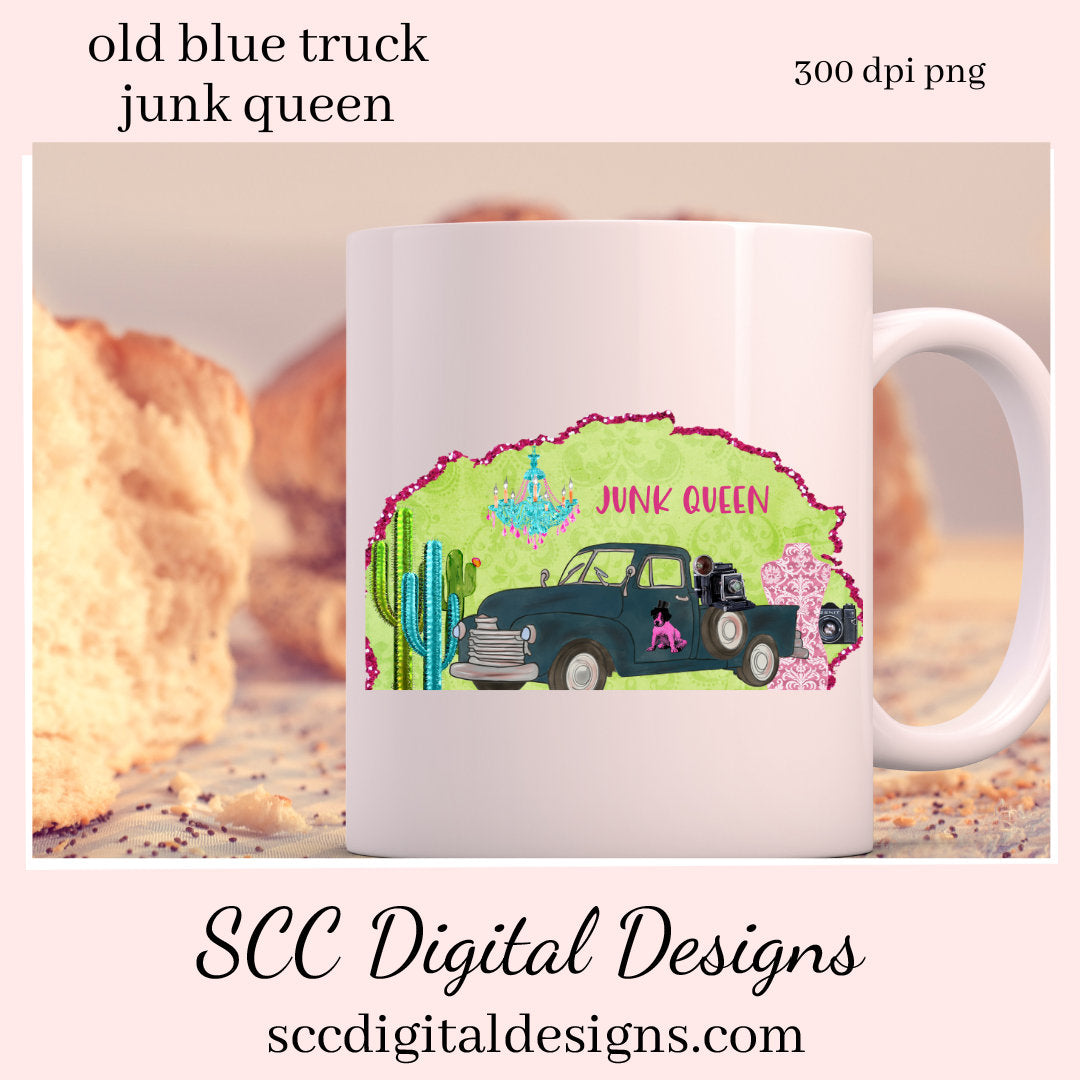 Old Truck PNG, Vintage Blue Truck, Junk Queen T-Shirt Design, Junker Designs, DIY Gift for Her, Instant Download, Commercial Use Art, Clipart for Stickers, Gone Junkin', DIY Junkin T-Shirt, Scrapbook Elements, Exclusive Design