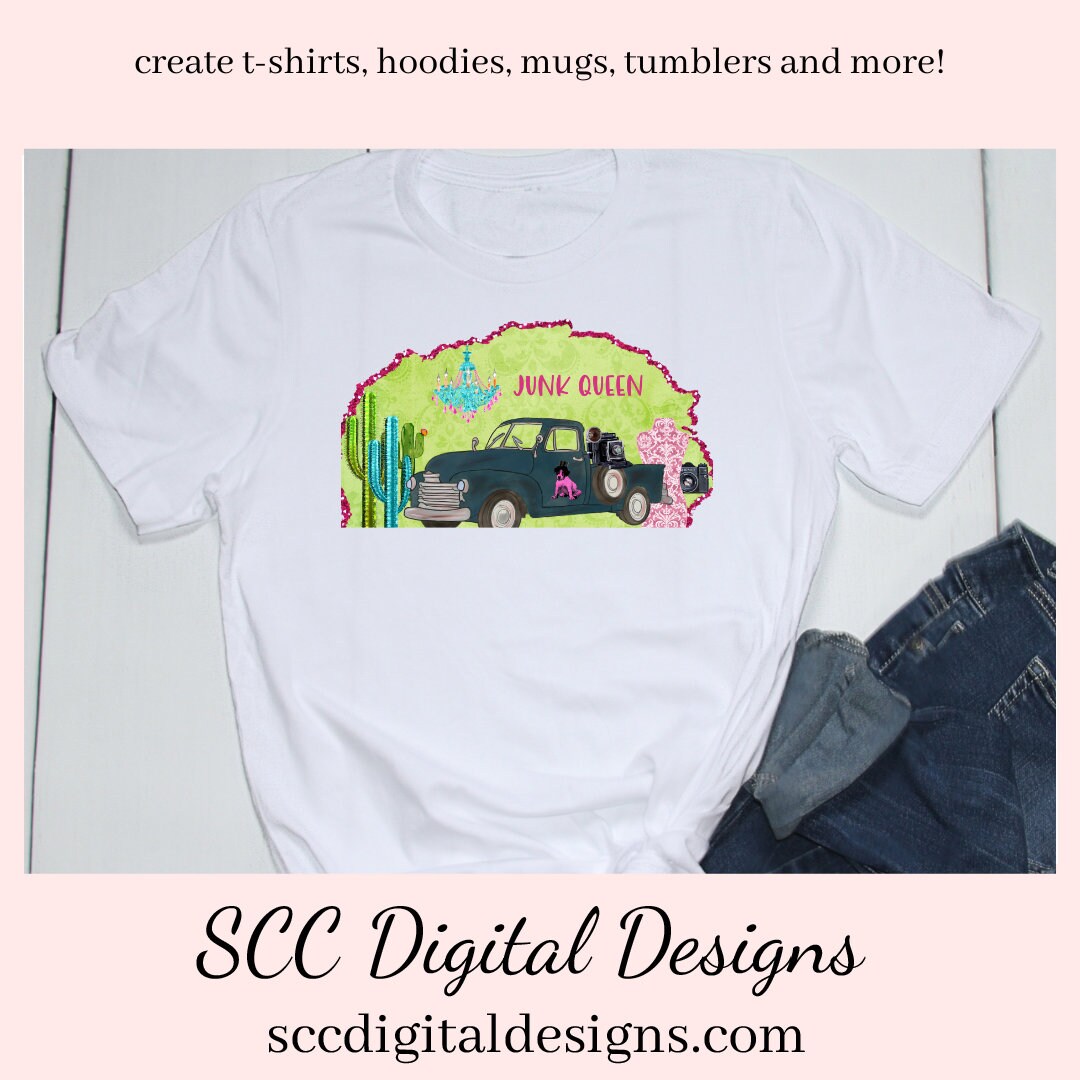 Old Truck PNG, Vintage Blue Truck, Junk Queen T-Shirt Design, Junker Designs, DIY Gift for Her, Instant Download, Commercial Use Art, Clipart for Stickers, Gone Junkin', DIY Junkin T-Shirt, Scrapbook Elements, Exclusive Design