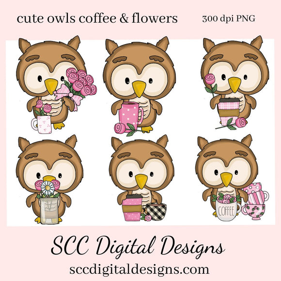 Cute Owls PNG, Coffee, Pink Roses, Clip Art Set, DIY Gift for Her, Owl PNG for Sublimation, Instant Download, Commercial Use Art, Scrapbook Elements, Commercial Use Clip Art, Whimsical Wildlife, Cricut Files