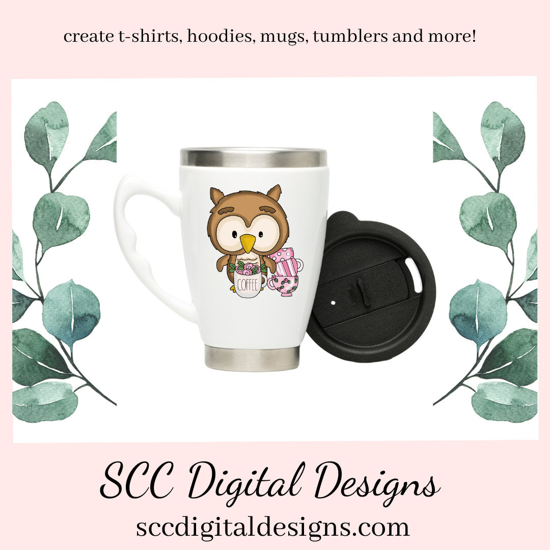 Cute Owls PNG, Coffee, Pink Roses, Clip Art Set, DIY Gift for Her, Owl PNG for Sublimation, Instant Download, Commercial Use Art, Scrapbook Elements, Commercial Use Clip Art, Whimsical Wildlife, Cricut Files