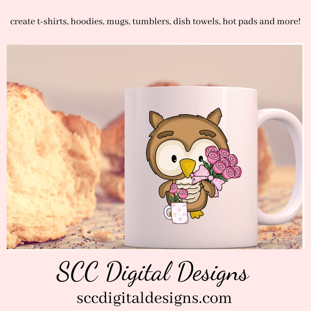Cute Owls PNG, Coffee, Pink Roses, Clip Art Set, DIY Gift for Her, Owl PNG for Sublimation, Instant Download, Commercial Use Art, Scrapbook Elements, Commercial Use Clip Art, Whimsical Wildlife, Cricut Files