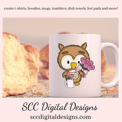 Cute Owls PNG, Coffee, Pink Roses, Clip Art Set, DIY Gift for Her, Owl PNG for Sublimation, Instant Download, Commercial Use Art, Scrapbook Elements, Commercial Use Clip Art, Whimsical Wildlife, Cricut Files