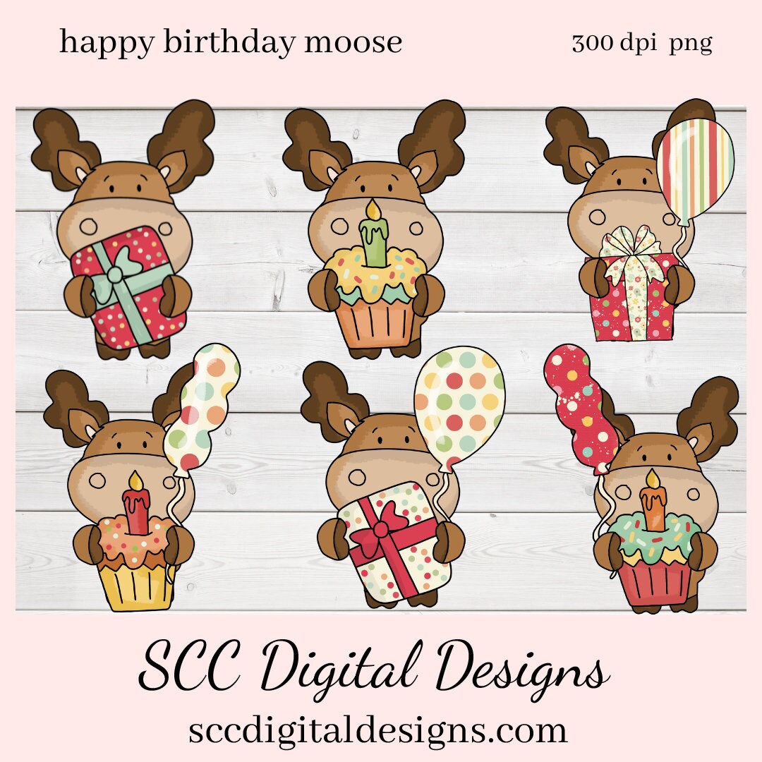 Moose PNG, Birthday Clipart for Boy, Woodland Animals, Birthday PNG for Sublimation, DIY Gift for Her, Instant Download, Commercial Use Art, Scrapbook Elements, Circuit Files, Forest Animal Clipart, Clip Art Sets