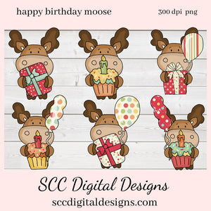 Moose PNG, Birthday Clipart for Boy, Woodland Animals, Birthday PNG for Sublimation, DIY Gift for Her, Instant Download, Commercial Use Art, Scrapbook Elements, Circuit Files, Forest Animal Clipart, Clip Art Sets