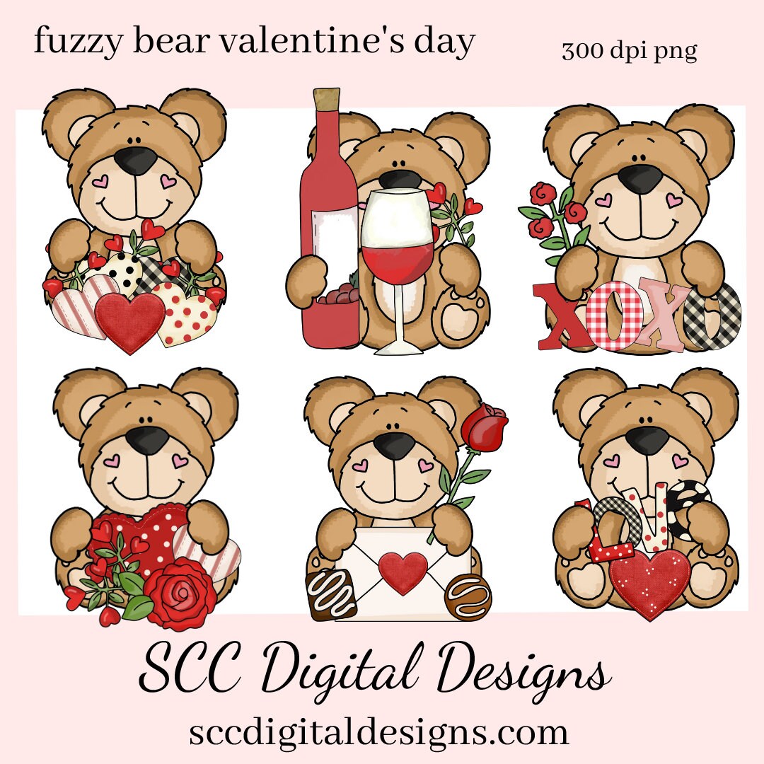 Valentine Bear PNG, Whimsical Bears, Valentine Clipart, Red Roses, Red Hearts, DIY Gift for Her, Instant Download, Commercial Use Clip Art, Scrapbook Elements, Craft Supplies, Personal Use, Exclusive Clipart Sets, DIY Valentines Projects, Valentine's Clipart for Cards