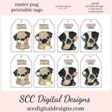 Our printable tags are great to use as gift tags, hostess party gift tag, or kid's holiday school social that you print at home. Each Tag is approximately 2.4" x 3.75" each. Tags are sweet black and white cows celebrating Easter. One set has text and one set does not have text.  Pug Dog Easter Gift Tags for Kids, Print at Home Gift Tag, Chick Colored Eggs, Student Teacher Gift, DIY Easter Cards, Cute Animals, Easter Treat Tags, Instant Download, Easter Favor Tags, Basket Decor
