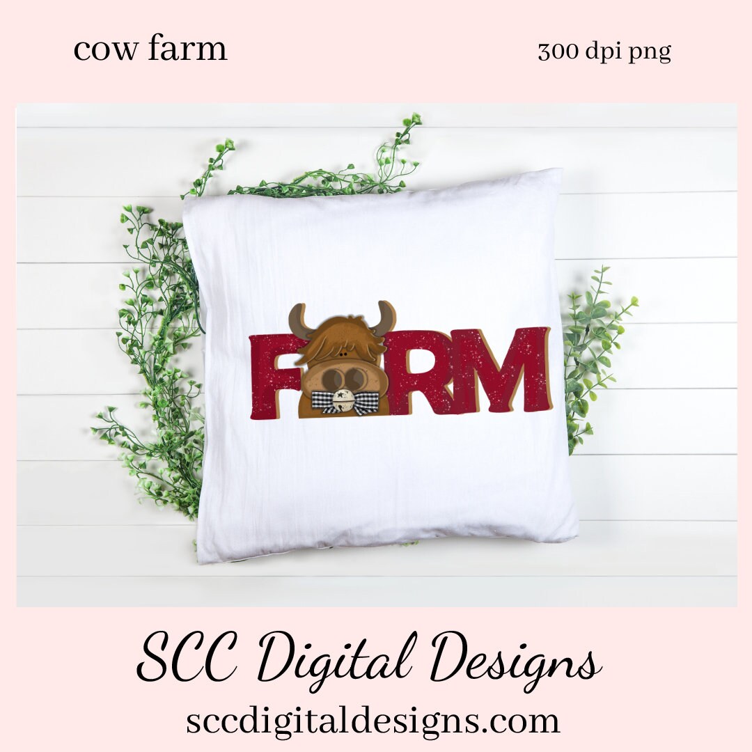 This cute highland cow farm sign clipart image is great to create home decor, coffee mugs, tumblers, t-shirts, hoodies, kitchen towels, hot pads, and so much more! She is a 3d png image, brown head on a red FARM clip art for commercial use and great kitchen decor in any farmhouse! Farm Animals, Cow Clipart for Stickers