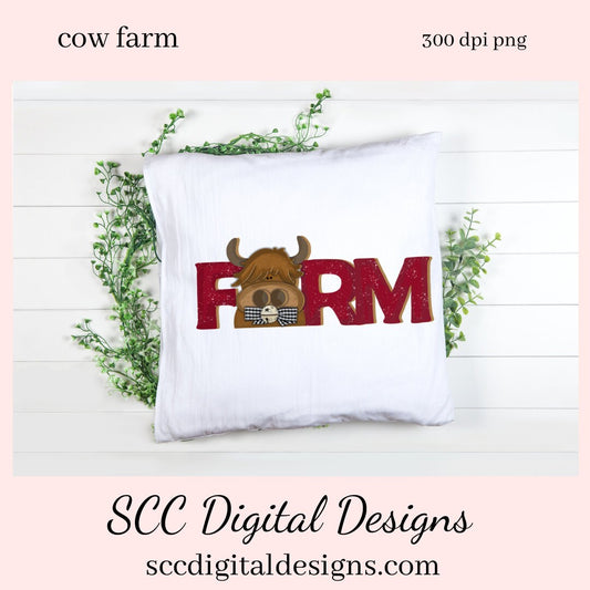 This cute highland cow farm sign clipart image is great to create home decor, coffee mugs, tumblers, t-shirts, hoodies, kitchen towels, hot pads, and so much more! She is a 3d png image, brown head on a red FARM clip art for commercial use and great kitchen decor in any farmhouse! Farm Animals, Cow Clipart for Stickers