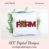 This cute highland cow farm sign clipart image is great to create home decor, coffee mugs, tumblers, t-shirts, hoodies, kitchen towels, hot pads, and so much more! She is a 3d png image, brown head on a red FARM clip art for commercial use and great kitchen decor in any farmhouse! Farm Animals, Cow Clipart for Stickers
