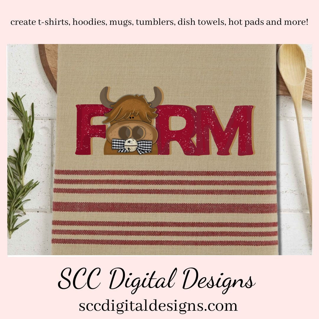 This cute highland cow farm sign clipart image is great to create home decor, coffee mugs, tumblers, t-shirts, hoodies, kitchen towels, hot pads, and so much more! She is a 3d png image, brown head on a red FARM clip art for commercial use and great kitchen decor in any farmhouse! Farm Animals, Cow Clipart for Stickers
