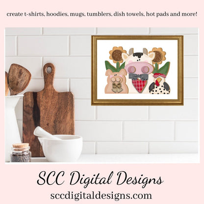 Our farm animals is a 3d png image, pig has a cute bow tie, the cow has a cute prim bow and red & white heart, and a black and white spotted hen, clip art for commercial use and great kitchen decor in any farmhouse! Farm Animals, Cow Clipart for Stickers, Chicken Clipart for Stickers, Cow png for tumbler