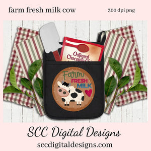 Our Farm Fresh Milk Cow clipart image is great to create home decor, coffee mugs, tumblers, t-shirts, hoodies, kitchen towels, hot pads, and so much more!  Our black and white cow is a 3d png image, clip art for commercial use and great kitchen decor in any farmhouse! Black and White Cow Clipart, Farm Fresh Milk Cricut Design