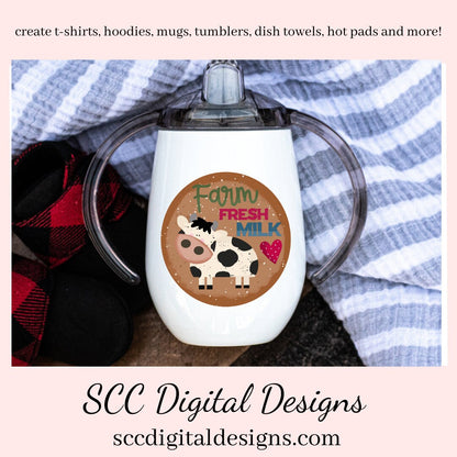 Our Farm Fresh Milk Cow clipart image is great to create home decor, coffee mugs, tumblers, t-shirts, hoodies, kitchen towels, hot pads, and so much more!  Our black and white cow is a 3d png image, clip art for commercial use and great kitchen decor in any farmhouse! Black and White Cow Clipart, Farm Fresh Milk Cricut Design