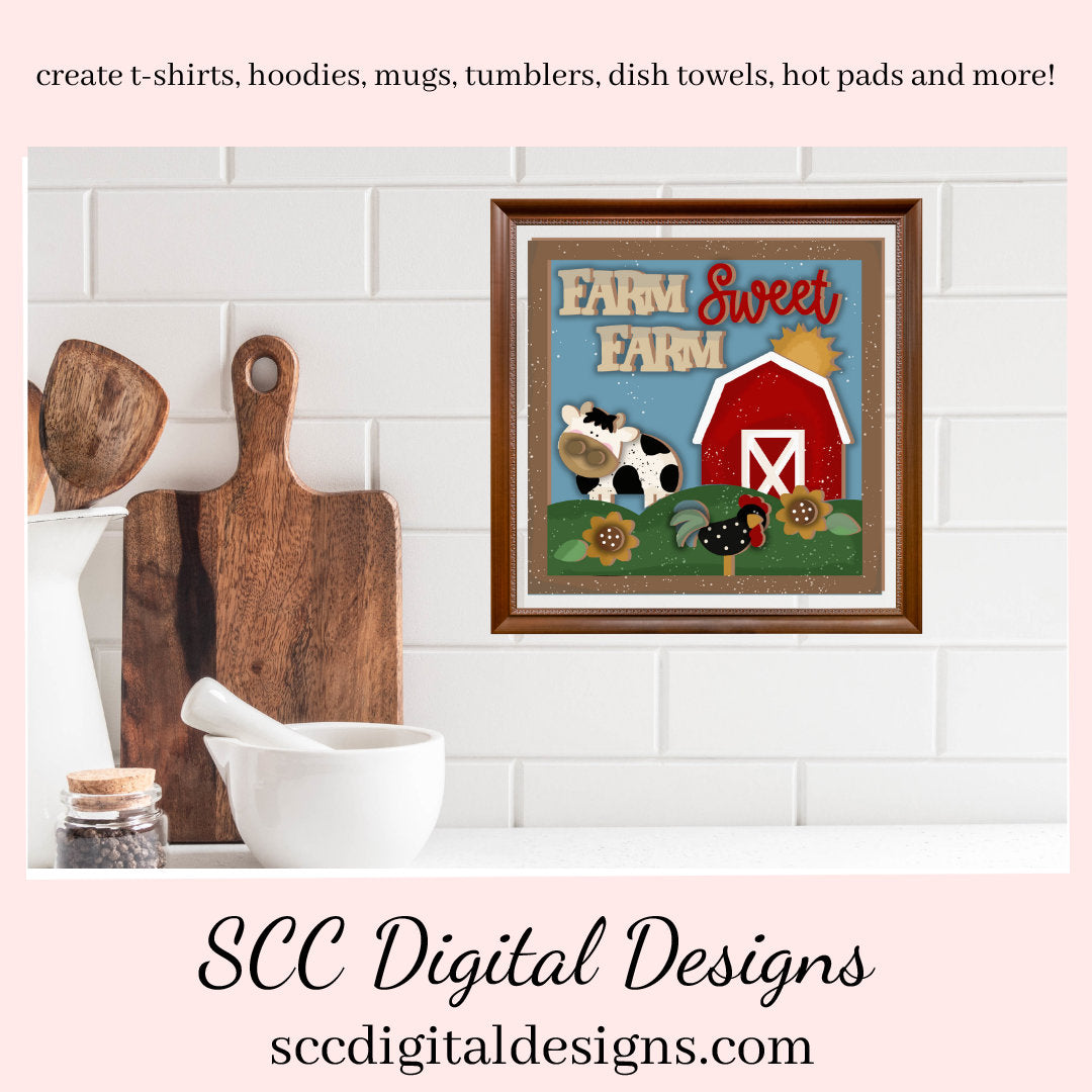 Our Farm Sweet Farm Little Red Barn clipart image is great to create home decor, coffee mugs, tumblers, t-shirts, hoodies, kitchen towels, hot pads, and so much more!  Our little red barn yard has black and white cow, and a black and white hen which is a 3d png image, clip art for commercial use and great kitchen decor in any farmhouse! Cricut Design