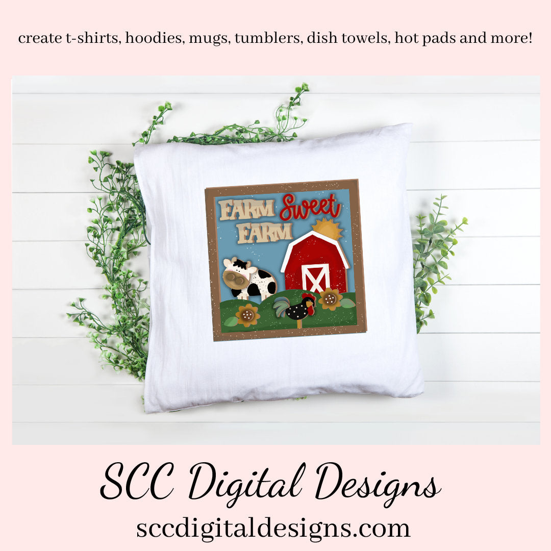 Our Farm Sweet Farm Little Red Barn clipart image is great to create home decor, coffee mugs, tumblers, t-shirts, hoodies, kitchen towels, hot pads, and so much more!  Our little red barn yard has black and white cow, and a black and white hen which is a 3d png image, clip art for commercial use and great kitchen decor in any farmhouse! Cricut Design