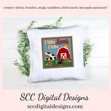 Our Farm Sweet Farm Little Red Barn clipart image is great to create home decor, coffee mugs, tumblers, t-shirts, hoodies, kitchen towels, hot pads, and so much more!  Our little red barn yard has black and white cow, and a black and white hen which is a 3d png image, clip art for commercial use and great kitchen decor in any farmhouse! Cricut Design