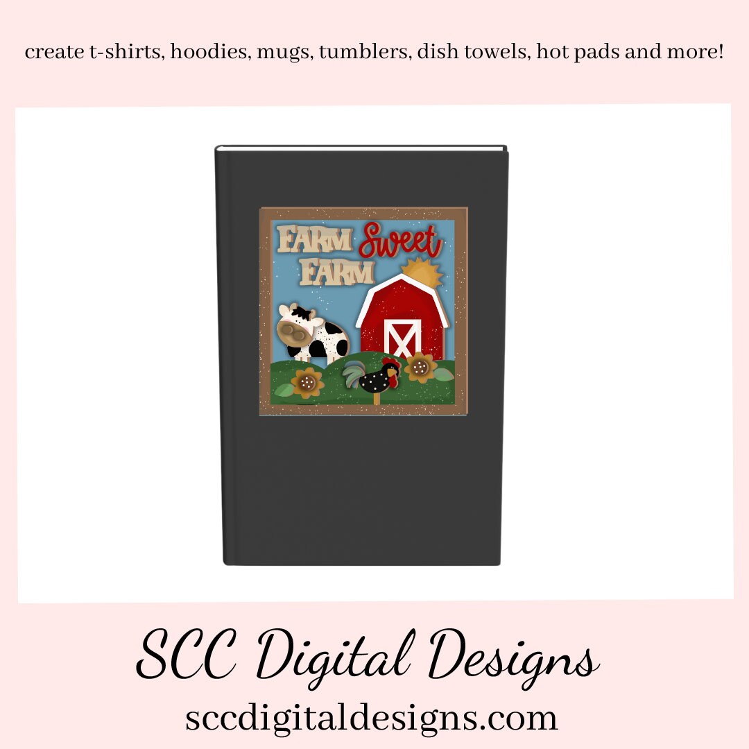 Our Farm Sweet Farm Little Red Barn clipart image is great to create home decor, coffee mugs, tumblers, t-shirts, hoodies, kitchen towels, hot pads, and so much more!  Our little red barn yard has black and white cow, and a black and white hen which is a 3d png image, clip art for commercial use and great kitchen decor in any farmhouse! Cricut Design