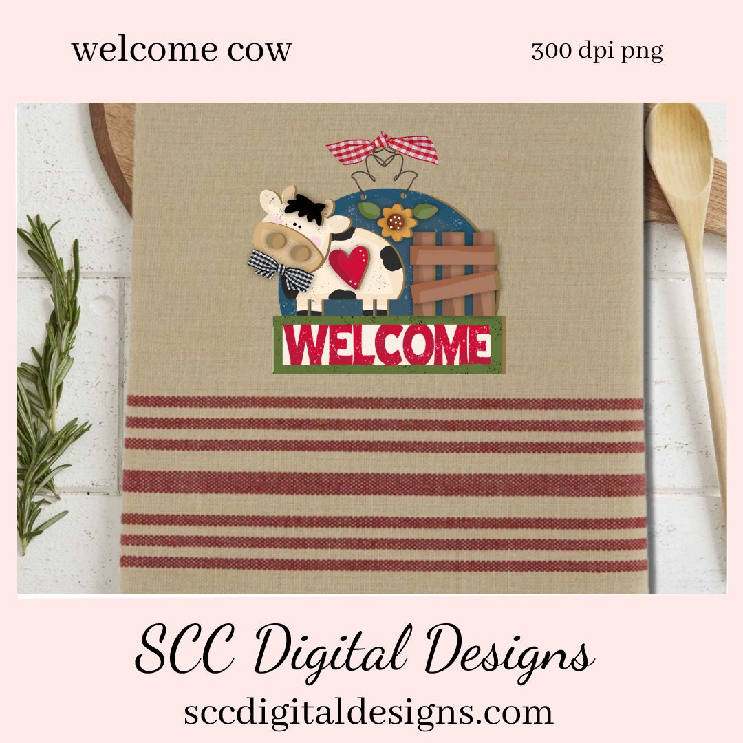 Our welcome sign for the front door has black and white cow, and wood fence and sunflower which is a 3d png image, clip art for commercial use and great kitchen decor in any farmhouse! Cricut Designs, Farm Animals Clipart, Tumbler Design for Woman