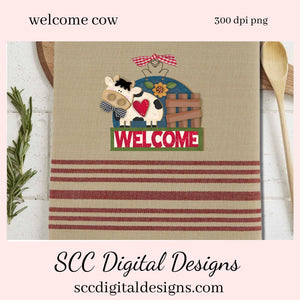 Our welcome sign for the front door has black and white cow, and wood fence and sunflower which is a 3d png image, clip art for commercial use and great kitchen decor in any farmhouse! Cricut Designs, Farm Animals Clipart, Tumbler Design for Woman