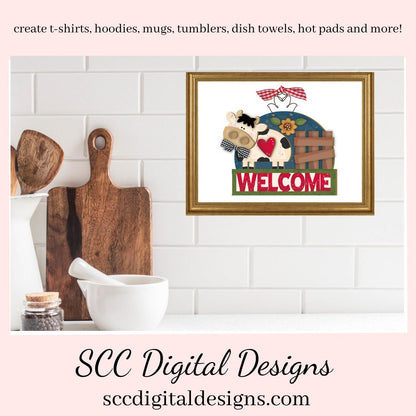 Our welcome sign for the front door has black and white cow, and wood fence and sunflower which is a 3d png image, clip art for commercial use and great kitchen decor in any farmhouse! Cricut Designs, Farm Animals Clipart, Tumbler Design for Woman