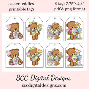 Our printable tags are great to use as gift tags, hostess party gift tag, or kid's holiday school social that you print at home. Each Tag is approximately 2.4" x 3.75" each.  Teddy Bear Easter Gift Tags for Kids, Print at Home Gift Tag, Chick Colored Eggs, Student Teacher Gift, DIY Easter Cards, Cute Animals, Easter Treat Tags, Instant Download, Easter Favor Tags, Basket Decor