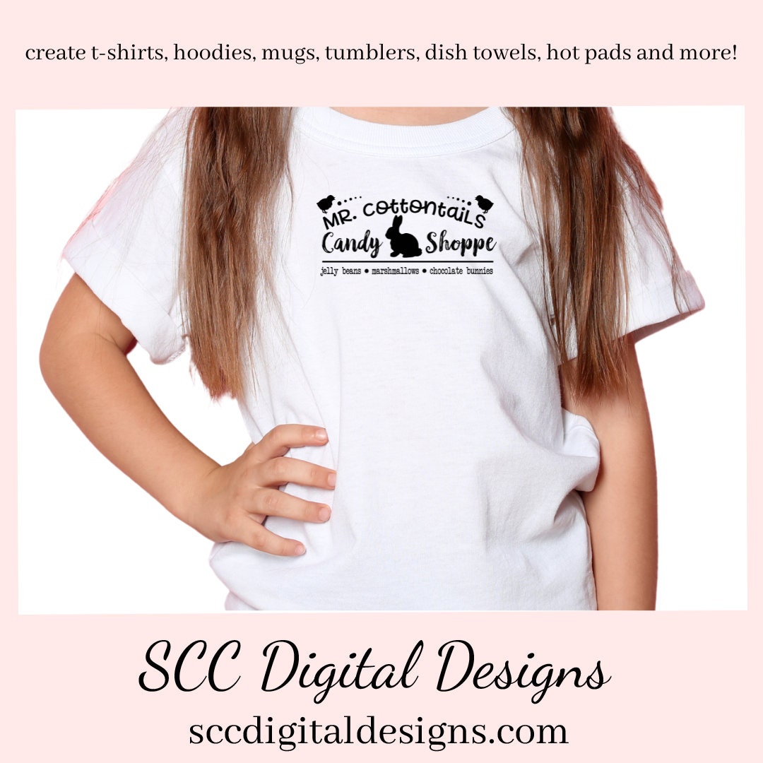 Our Mr Cottontails Candy Shoppe SVG is great for all of your projects this holiday season. Create diy front door signs, or a diy gift for her. Our PNG files are also commercial use art. Our SVGs are great to create home decor, coffee mugs, tumblers, t-shirts, hoodies, kitchen towels, hot pads, and so much more!