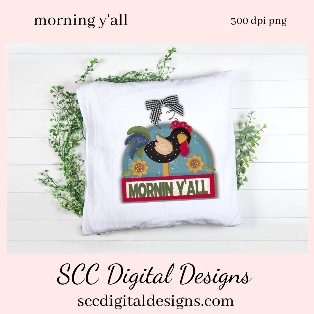 This cute black hen funky chicken clipart image is great to create home decor, coffee mugs, tumblers, t-shirts, hoodies, kitchen towels, hot pads, and so much more! She is a 3d png image, black hen with white spots, on a blue hanging sign, with golden sunflowers.