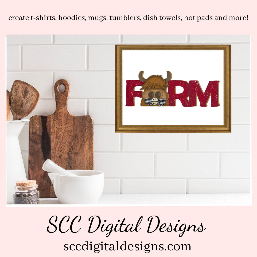 This cute highland cow farm sign clipart image is great to create home decor, coffee mugs, tumblers, t-shirts, hoodies, kitchen towels, hot pads, and so much more! She is a 3d png image, brown head on a red FARM clip art for commercial use and great kitchen decor in any farmhouse! Farm Animals, Cow Clipart for Stickers