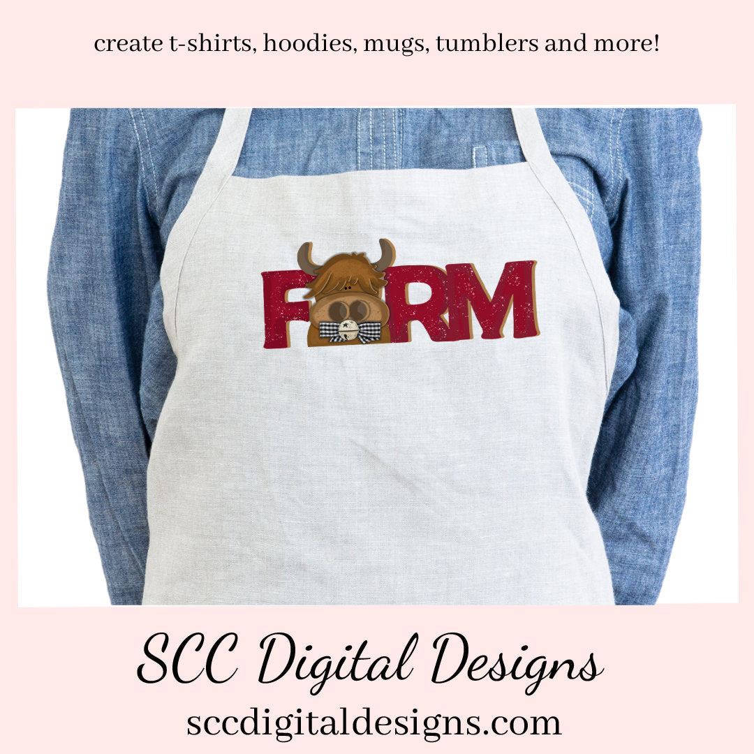 This cute highland cow farm sign clipart image is great to create home decor, coffee mugs, tumblers, t-shirts, hoodies, kitchen towels, hot pads, and so much more! She is a 3d png image, brown head on a red FARM clip art for commercial use and great kitchen decor in any farmhouse! Farm Animals, Cow Clipart for Stickers