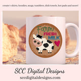 Our Farm Fresh Milk Cow clipart image is great to create home decor, coffee mugs, tumblers, t-shirts, hoodies, kitchen towels, hot pads, and so much more!  Our black and white cow is a 3d png image, clip art for commercial use and great kitchen decor in any farmhouse! Black and White Cow Clipart, Farm Fresh Milk Cricut Design