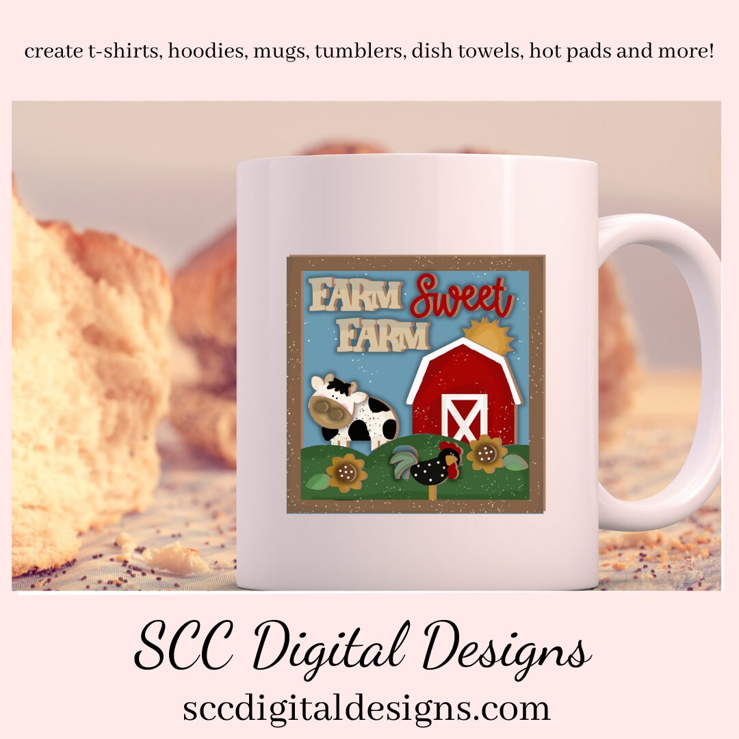 Our Farm Sweet Farm Little Red Barn clipart image is great to create home decor, coffee mugs, tumblers, t-shirts, hoodies, kitchen towels, hot pads, and so much more!  Our little red barn yard has black and white cow, and a black and white hen which is a 3d png image, clip art for commercial use and great kitchen decor in any farmhouse! Cricut Design