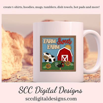 Our Farm Sweet Farm Little Red Barn clipart image is great to create home decor, coffee mugs, tumblers, t-shirts, hoodies, kitchen towels, hot pads, and so much more!  Our little red barn yard has black and white cow, and a black and white hen which is a 3d png image, clip art for commercial use and great kitchen decor in any farmhouse! Cricut Design