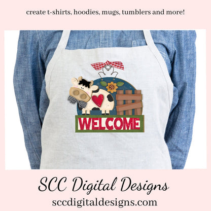 Our welcome sign for the front door has black and white cow, and wood fence and sunflower which is a 3d png image, clip art for commercial use and great kitchen decor in any farmhouse! Cricut Designs, Farm Animals Clipart, Tumbler Design for Woman
