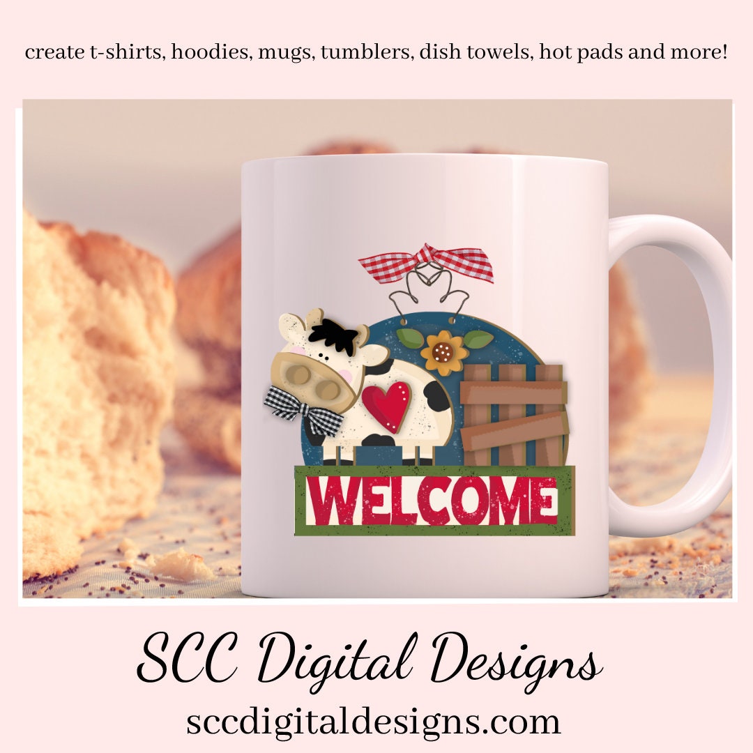 Our welcome sign for the front door has black and white cow, and wood fence and sunflower which is a 3d png image, clip art for commercial use and great kitchen decor in any farmhouse! Cricut Designs, Farm Animals Clipart, Tumbler Design for Woman